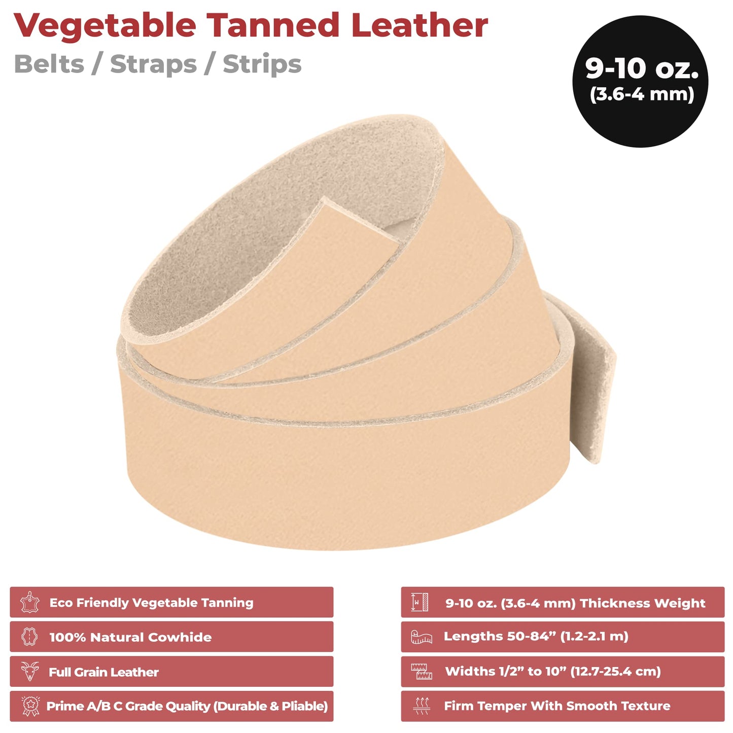 ELW 9-10 oz. (3.6-4 mm) Size: 3”x55” Vegetable Tanned Cowhide Full Grain Import Tooling Leather Belt Blanks, Straps/Strip for DIY & Craft, Harness, Holsters