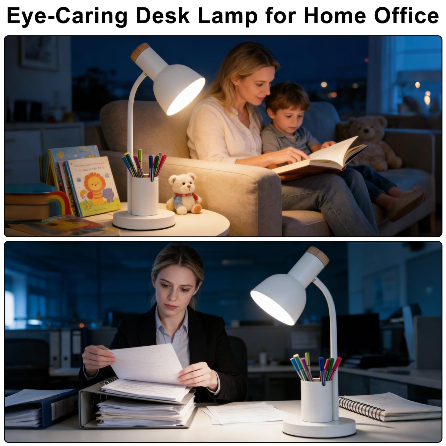 WLHONG LED Desk Lamp, Table Lamps with Pen Holder, 3 Color Modes Eye-Caring Reading Light with Flexible Gooseneck, Study Lamp for Kids Bedside Home Office Room College Dorm Essentials (White)
