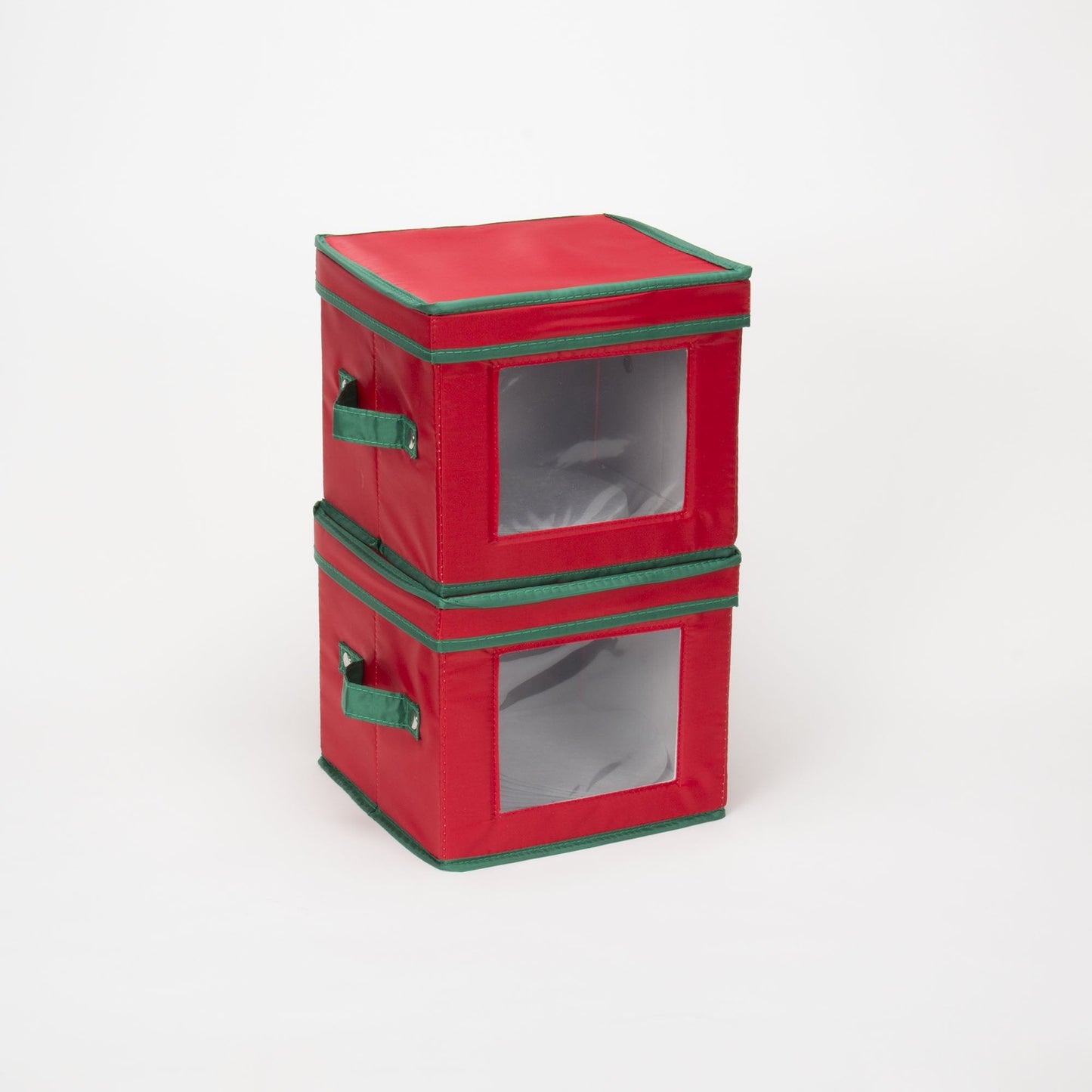 Household Essentials Holiday China Plate Storage Box, Salad Plate Storage, Windowed Panel, Stackable and Foldable Frame, Handles and Fully Removable Lid, Red with Green Trim