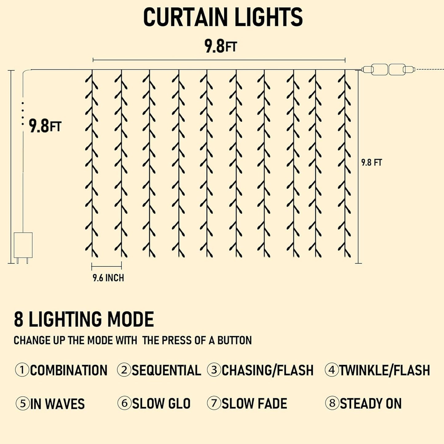 Dazzle Bright 300 LED Curtain String Lights, Christmas Fairy Lights for Bedroom with 8 Lighting Modes, Connectable Waterproof Window Lights Party Wedding Garden Wall Decor, Blue