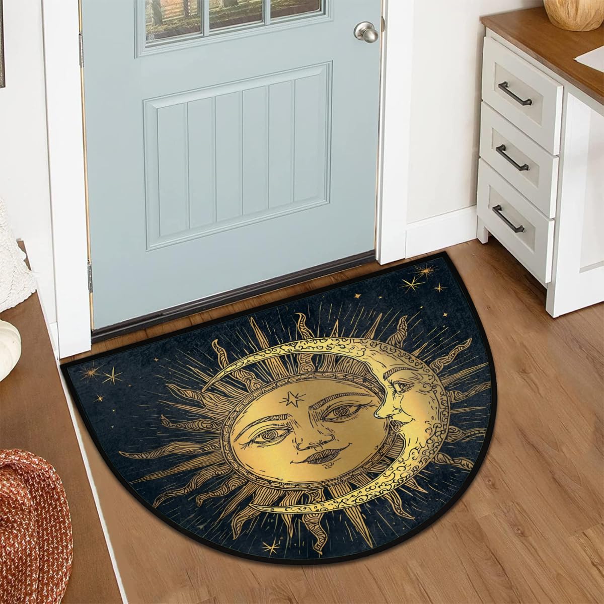 Half Round Rugs Ancient Antique Sun Moon Star Semicircular Indoor Door Mat Entryway Welcome Mat Non-Slip Half Round Low Profile Door Mat for Patio High Traffic Areas
