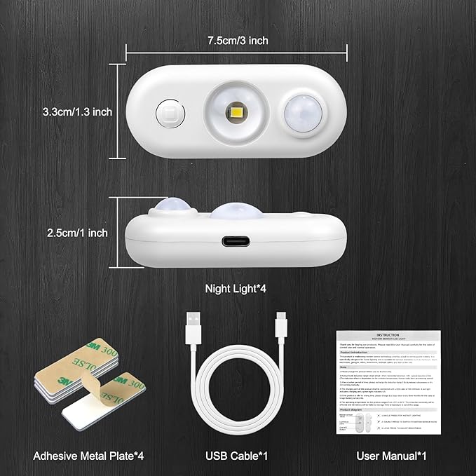 LED Motion Sensor Puck Lights, Magnetic Rechargeable Under Cabinet Lighting, Wireless Battery Operated Closet Light, Dimmable Under Counter Lights for Kitchen Stairs Hallway, Warm White, 4Pack, White
