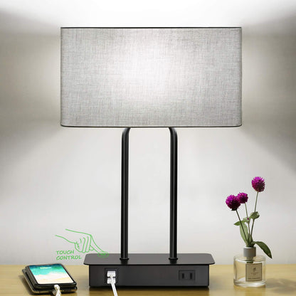 Lakumu Bedside Touch Control Table Lamps with Dual USB Charging Ports 1 AC Outlet, 3 Way Dimmable Modern Nightstand Lamp with Grey Fabric Shade, Desk Lamp for Bedroom Living Room with 5000K LED Bulb