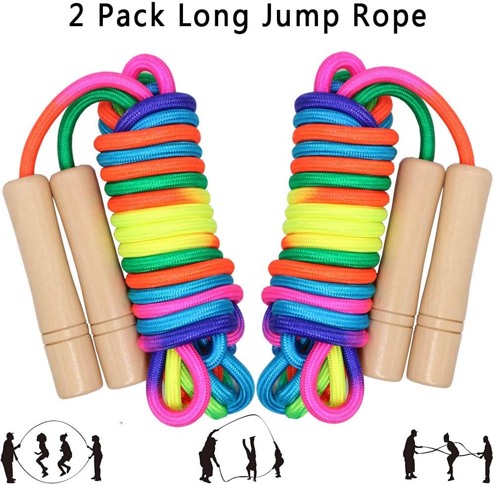16 FT Long Jump Rope for Kids, 2 Pack Adjustable Double Dutch Skipping Rope with Wooden Handle, Multiplayer Rainbow Jumping Rope for Outdoor Fun, School Sport, Party Game