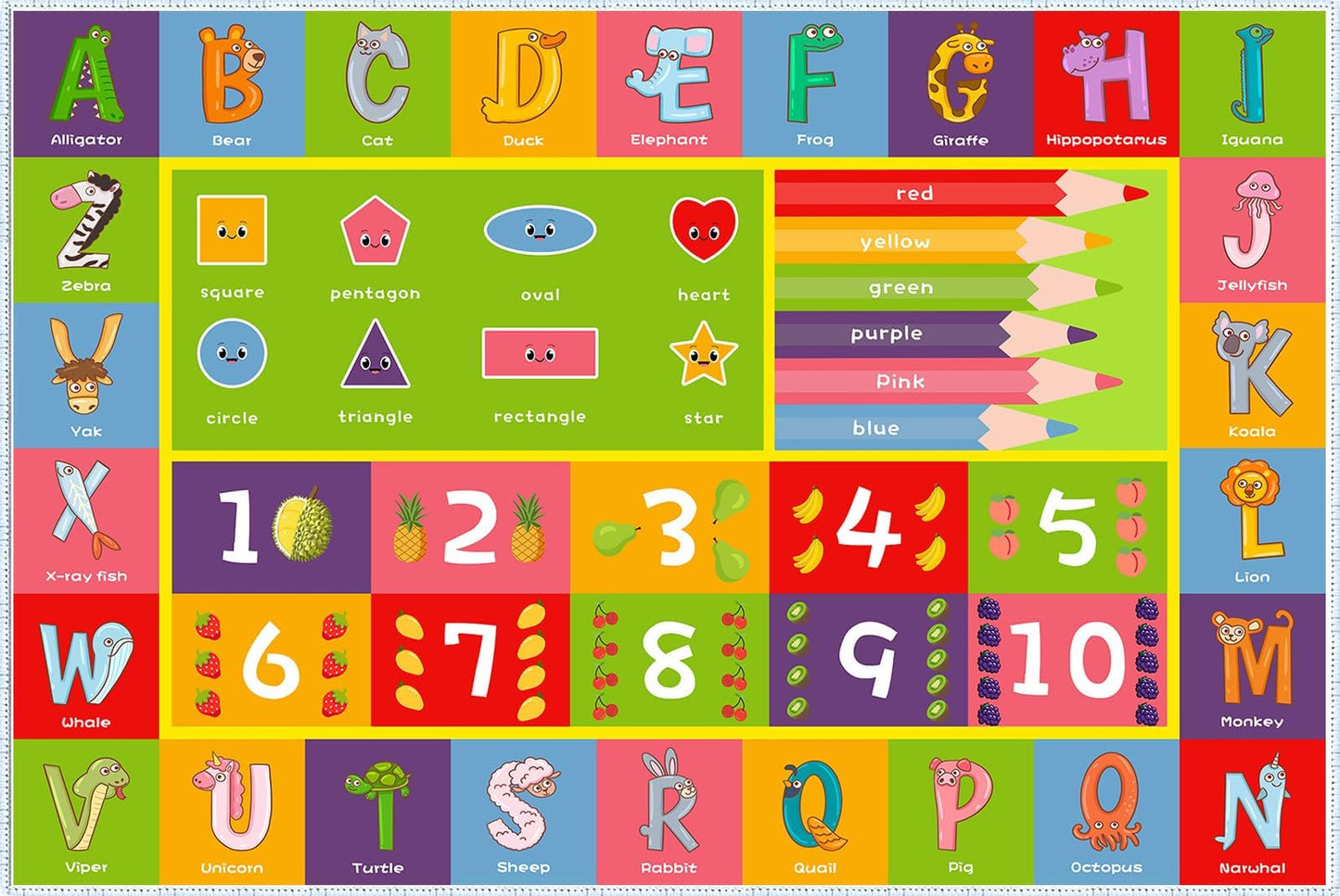 ABC Alphabet Animals Educational Playmat - Interactive Learning Carpet for Toddlers & Infants with Numbers & Shapes, Classroom/Bedroom Play Rug, Machine Washable(Size:80 * 120cm/31" x 47")