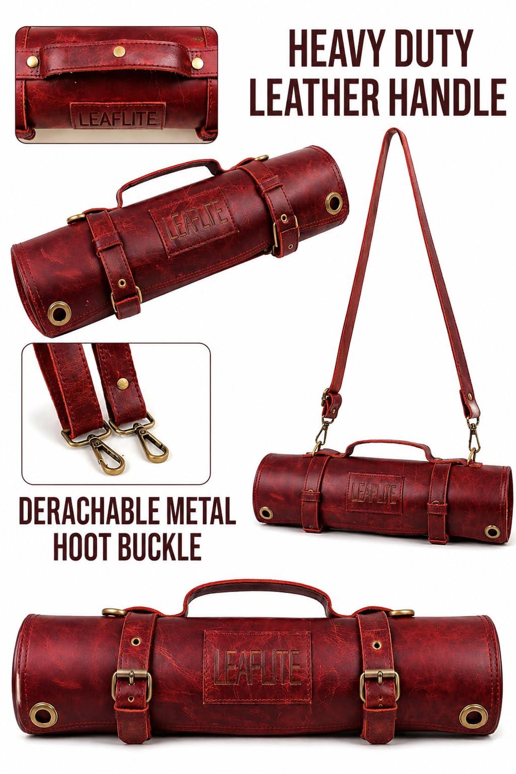 Leaflite Leather Knife Roll Bag – Chef Knife Bag with 7 Pockets – Durable Crazy Horse Leather Knife Roll for Professional Chefs – Portable Knife Storage Case