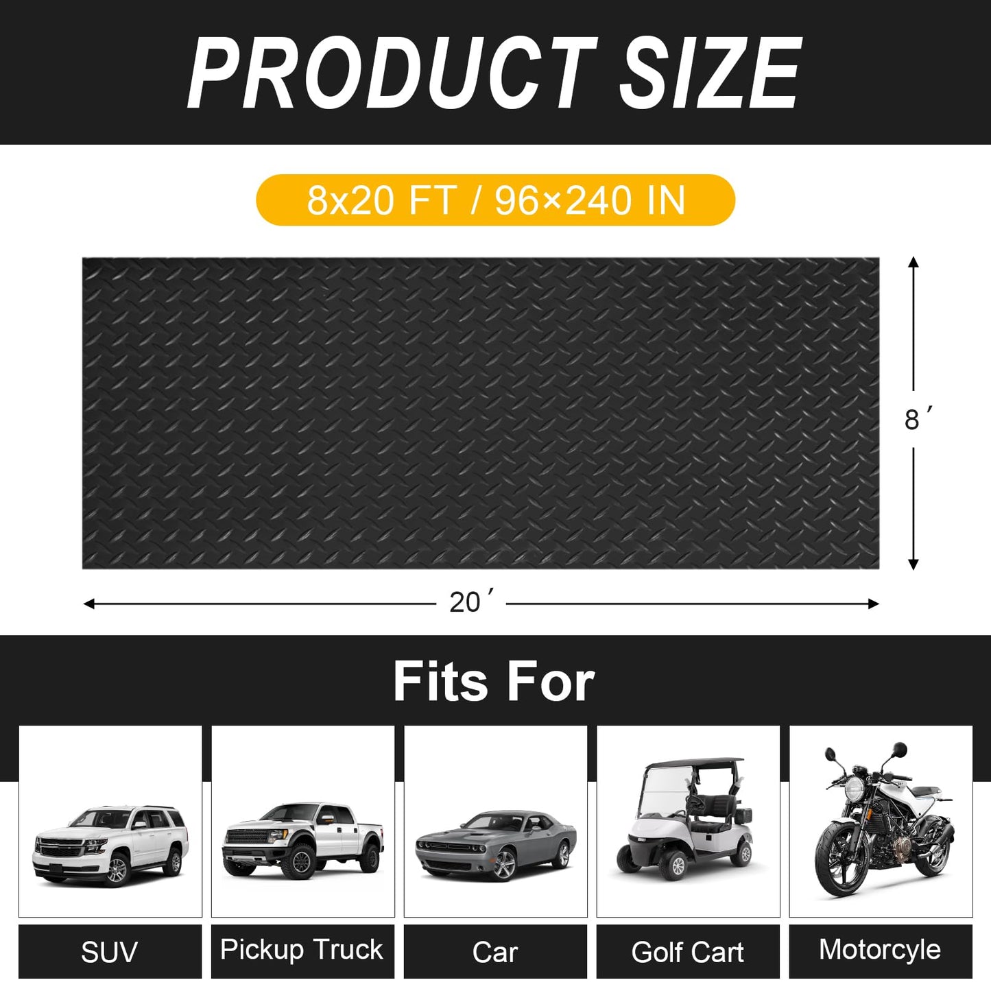 Grandroad auto 8x20 FT Garage Floor Mat, 2.8mm Thickened Flooring Roll for Under Car Diamond Plate PVC Rubber Mat with 20 Pcs Tapes, Non-Slip Floor Mat for Garage, Warehouse, Gyms, Trailer, Black