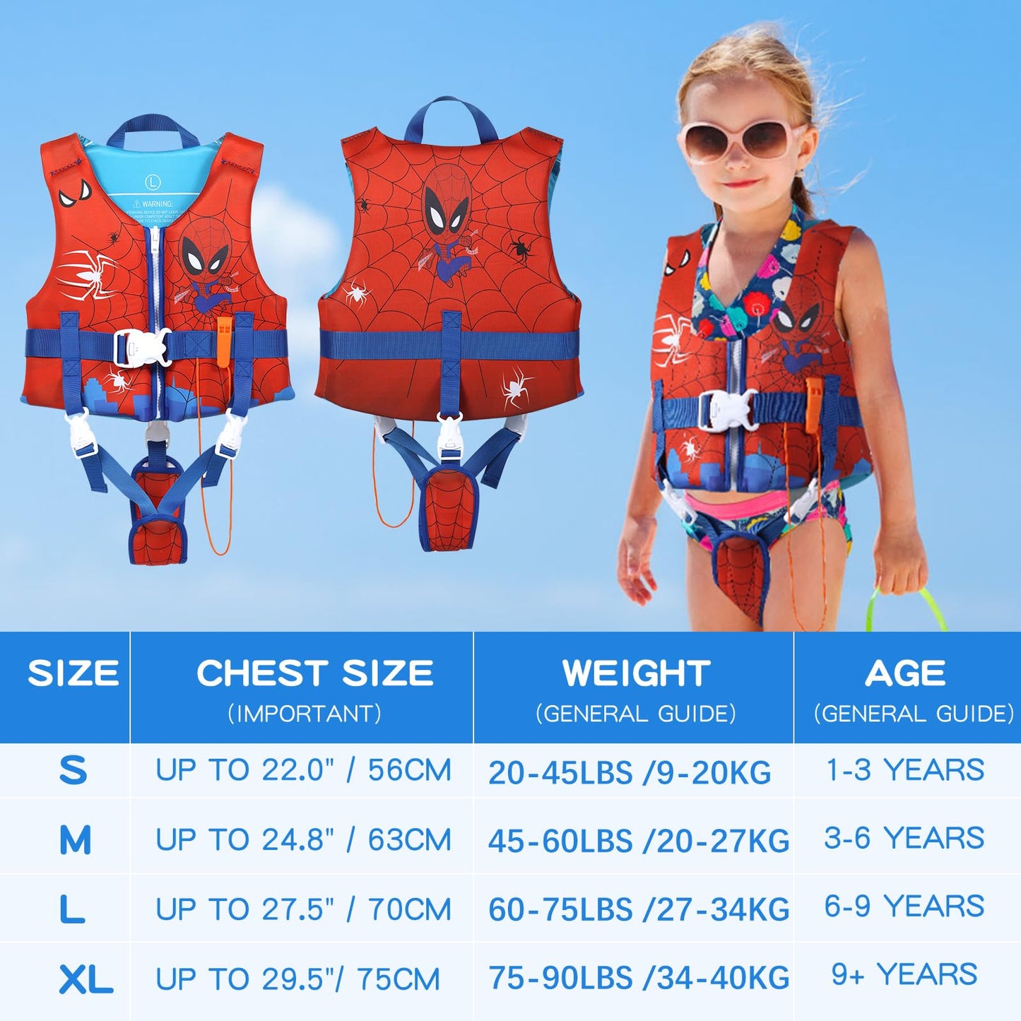 Toddler Swim Vest Neoprene Adjustable Safety Strap 20-90lbs Kids Floaties Buoyancy Jacket for 1-9Y Boys and Girls,Child Swimming Vest on Pool/Boating/Beach/Learn to Swim Aid（S）