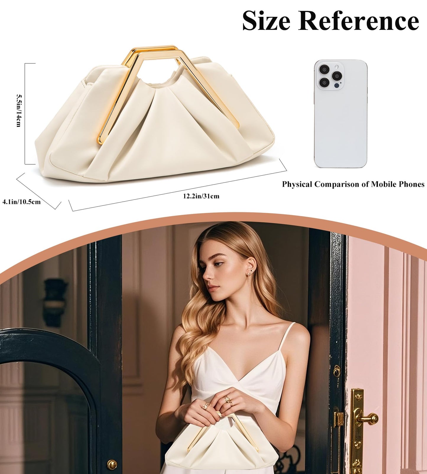 myfriday Women's Elegant Ruched Clutch Purse, Soft Dumpling Evening Purse Handbags for Wedding Prom Party Formal Events (Beige)