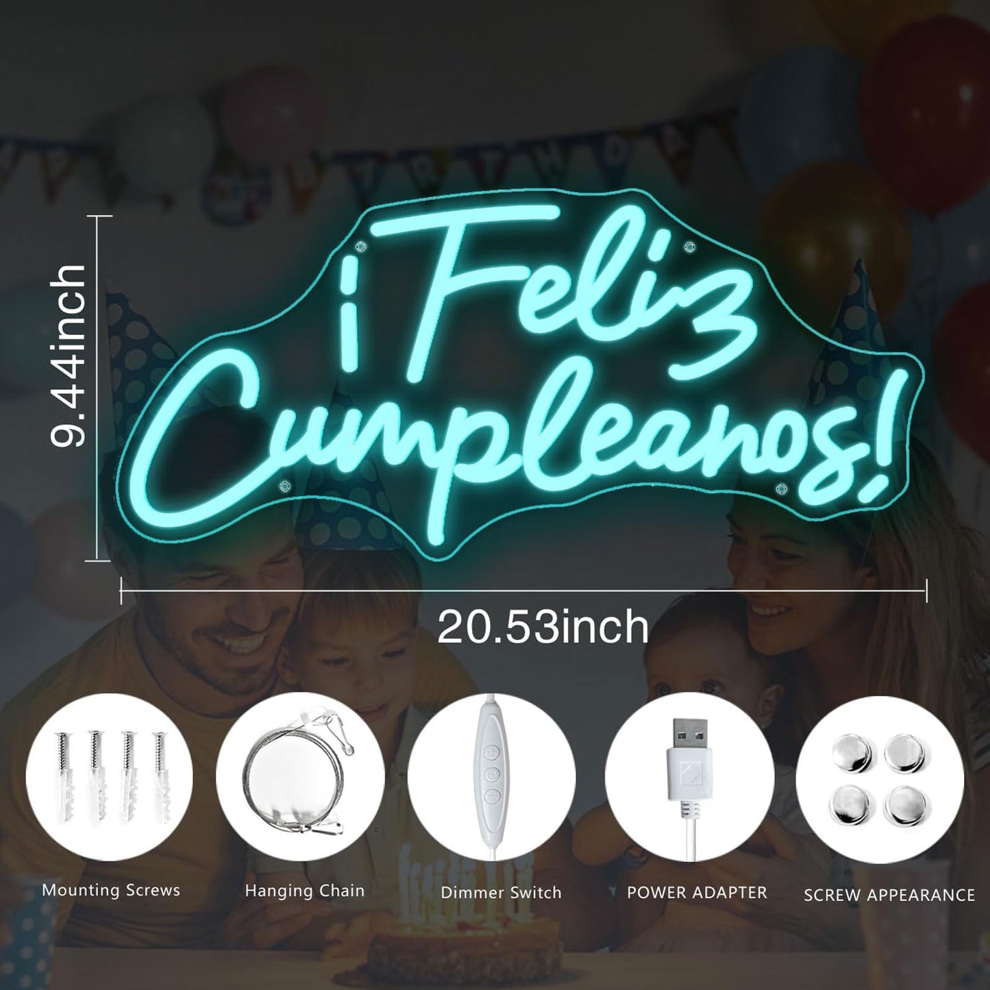 Happy Birthday Neon Sign ¡Feliz CumpleañOs Banner Dimmable Larger Happy Birthday Light Up Sign 20.53"X9.44" With Usb Chain Light Modulator,Happy Birthday Led Sign For Backdrop (Ice blue)