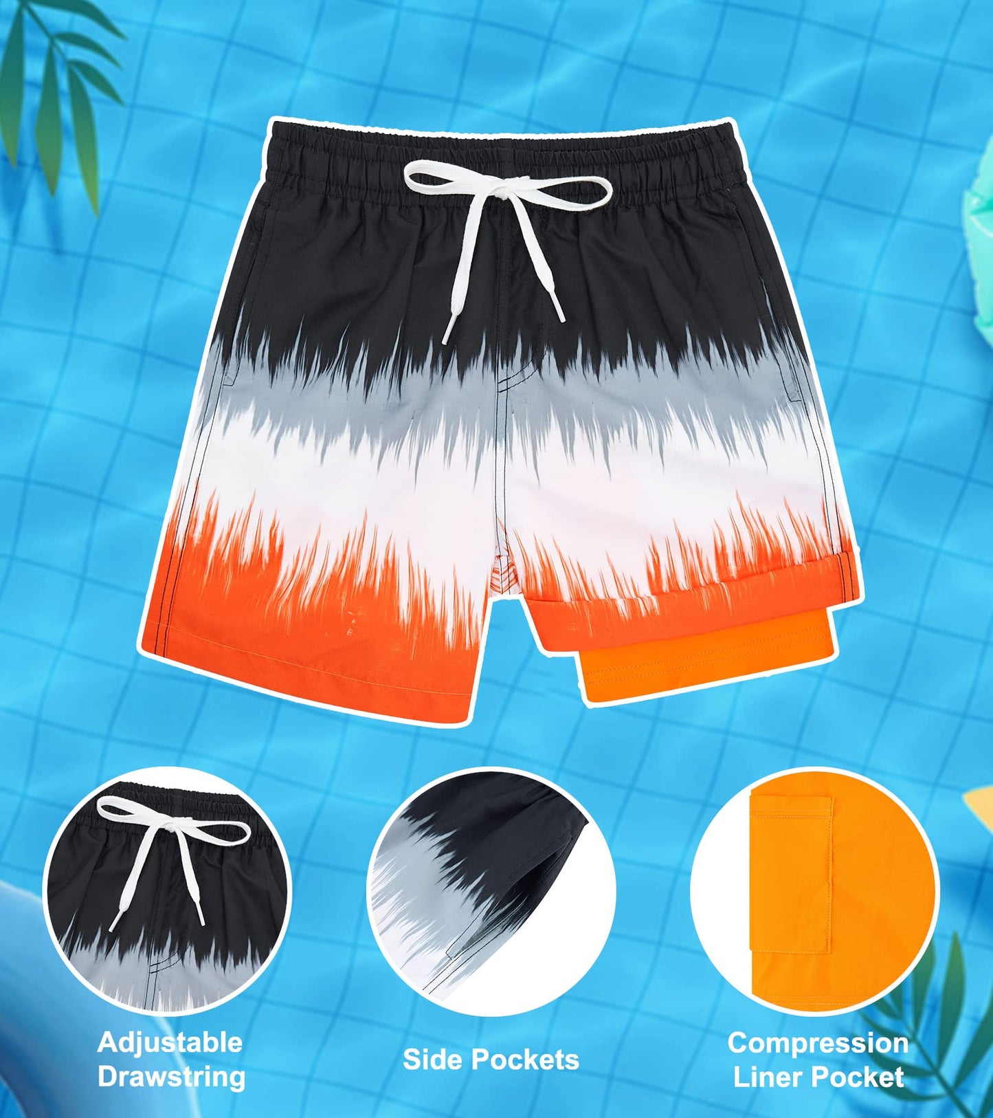 Belovecol Boys Tie Dye Swim Trunks Anti-Chafe Compression Liner Swimming Shorts Boxer Brief Lining Quick Dry Swim Shorts Swimwear Size 10-12