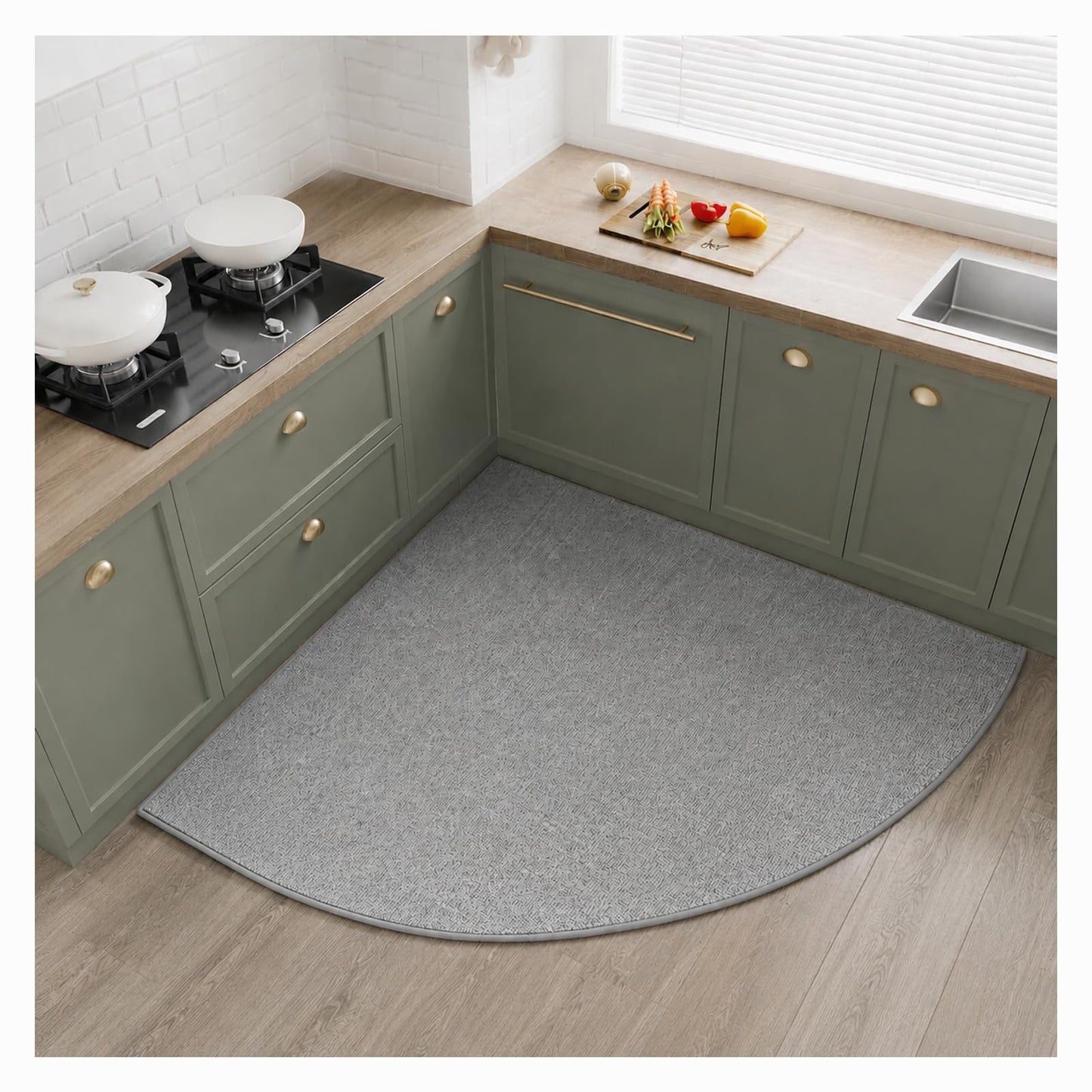Ciuwuuhe Gray Corner Kitchen Rug, Quarter Circle Rug, Imitation Linen Braided Floor Mat with Rubber Back, Washable Rug for Kitchen Sink Area, Radius 39 Inch