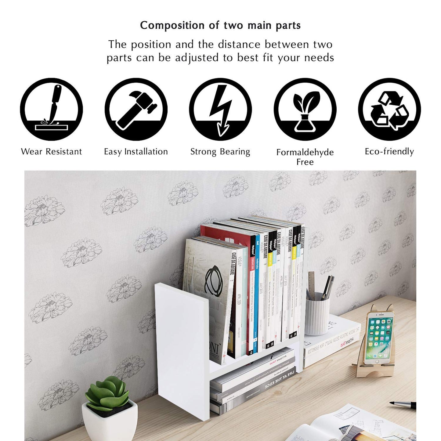 Jerry & Maggie Desktop Organizer Office Storage Rack Adjustable Wood Display Shelf Free Style Double H, Multi-Functional Mini Bookshelf for Desk Natural Stand (White)