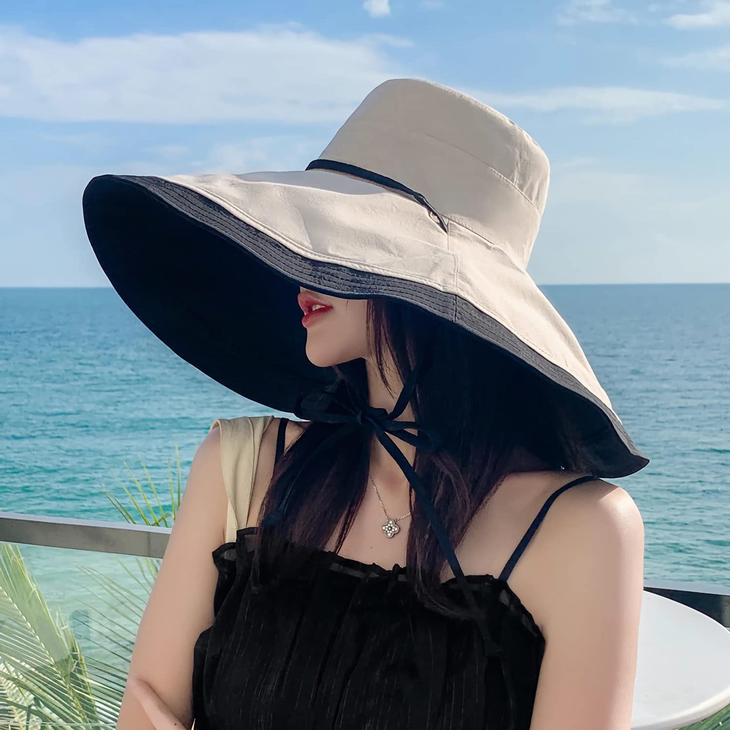 HUAMULAN 7" Wide Brim Women Summer Sun Floppy Hat Beach Bucket Fishing Hats Reversible Foldable Travel UV Protection Blackbeige