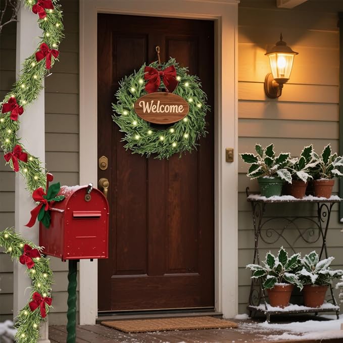 26 Inch Christmas Wreaths for Front Door with Lights,Lighted Norfolk Pine Door Wreath,Prelit Real Touch Artificial Green Winter Wreath with Large Burgundy Velvet Bow for Indoor Outdoor Decor