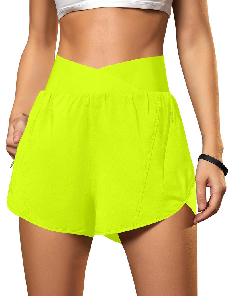 Blooming Jelly Women's Workout Shorts Athletic Running Cross V Cut Waist Work Out Preppy Shorts with Zipper Pockets (Neon Green,X-Large)