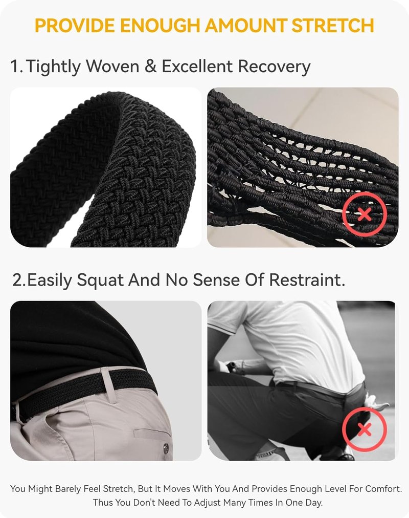 Braided Stretch Golf Belt for Men - Adjustable 1 3/8” Casual Belt for Pants, Shorts & Jeans