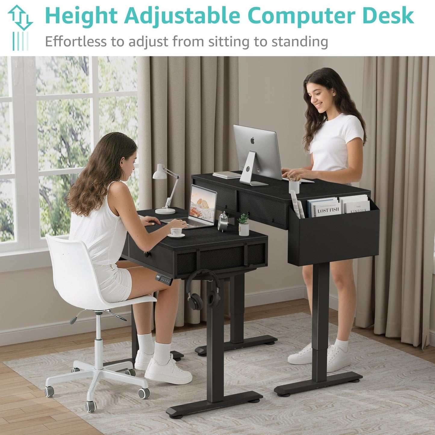 KLUVIS Electric Standing Desk with Drawers - 32 Inch Small Black Height Adjustable Sit Stand Desk with Storage for Home Office Bedroom, Study Writing Compact Stand up Computer Desks for Boys Girl Work