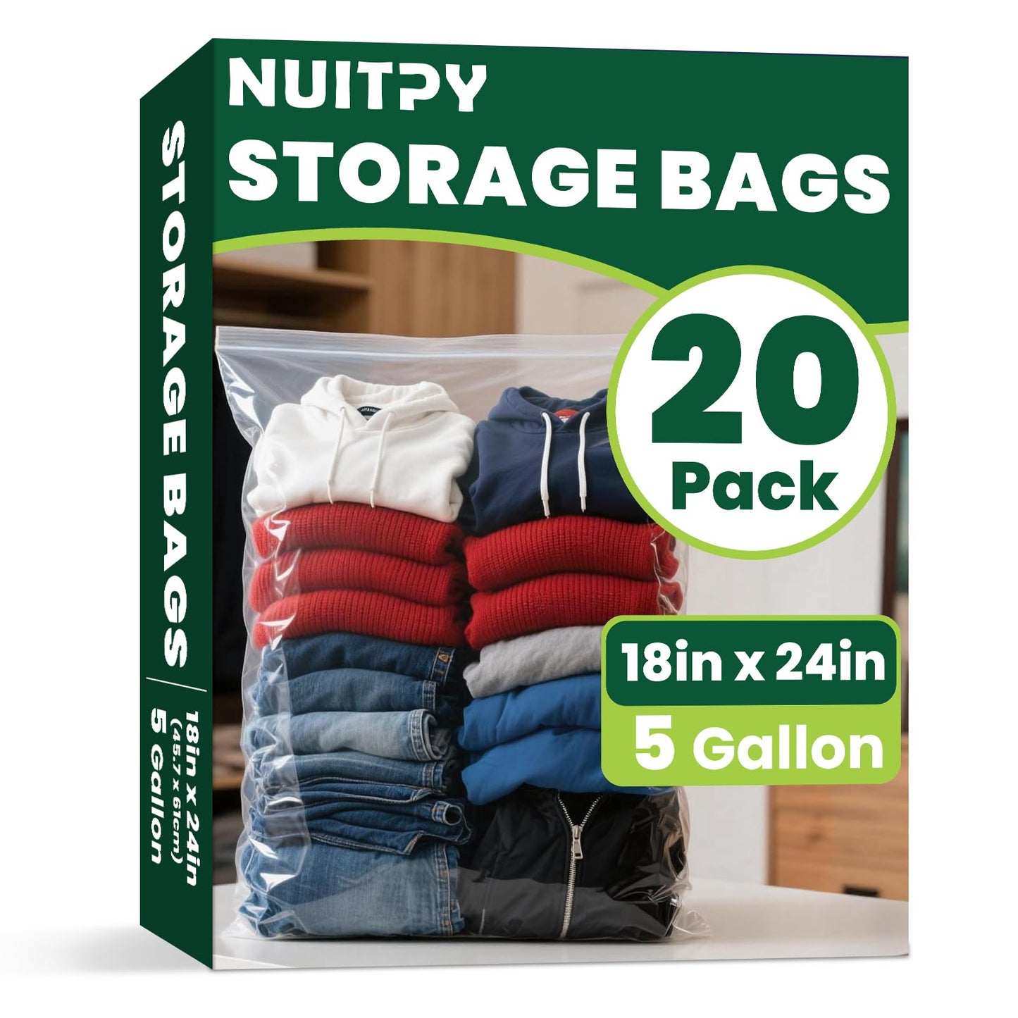 20 Pack Large 5 Gallon Storage Bags with Zipper Top, 18 x 24 inch Zipper Bags, Clear Plastic Bag for Storage, Reusable, Sealable Storage Bag for Clothes, Travel & Moving, Double-sided Thickness 4 Mil