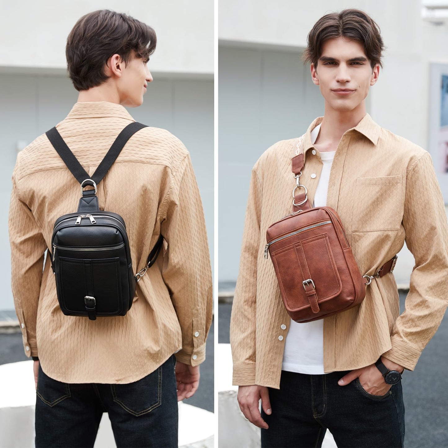 MYHOZEE 2-in-1 Small Diaper Bag Crossbody for Women & Men, Vegan Leather Sling Backpack Purse with Instant Wipes Pocket, Waterproof Travel Chest Bag, Dog Walking Bag, Gift for New Mom Dad, Brown