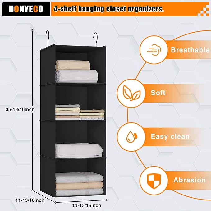 Hanging Closet Organizer, Easy Mount Foldable 4-Shelf Hanging Closet Wardrobe