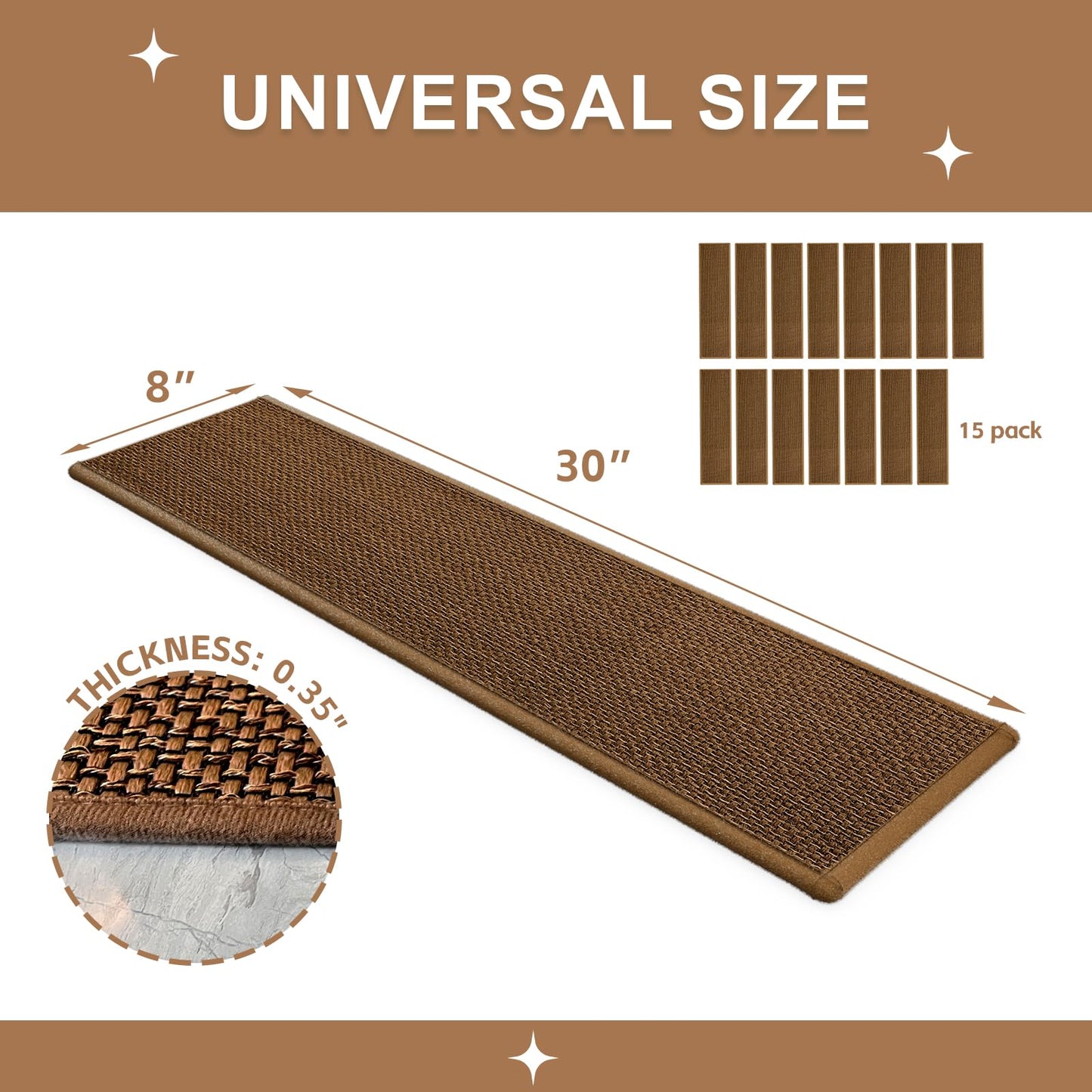 DOPLUSDO Non Slip Stair Treads for Wooden Steps, Stair Runners Indoor, 15 PCS 8" x 30" Natural Linen Carpet Stair Treads, Self-Adhesive Washable Backing for Kids Elders and Pets, Coffee