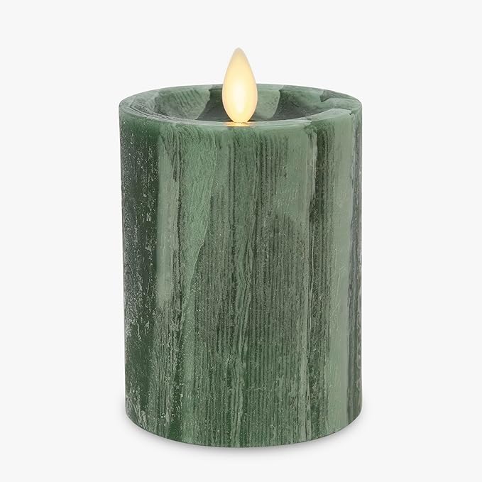 Luminara Selenite Looking Flameless Candle, Holiday Green 3" x 4.5", Battery Operated Real Wax Moving Flame LED Pillar w/Timer, Home Decor Unscented