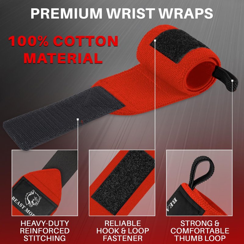 TECEUM Weightlifting Wrist Wraps with Thumb Loop – Red – Beast Mode – 12 inch – Heavy-Duty Workout Wrist Support & Protection – Ideal for Powerlifting, Strength Training, Bodybuilding