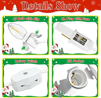 Accessory Cord with 9 LED Light Bulbs, 14.8ft Christmas Village Lights C7 Light Cord with Switch & 2 Fuse for Salt Lamp, Halloween Pumpkin, Xmas Village House Blow Mold