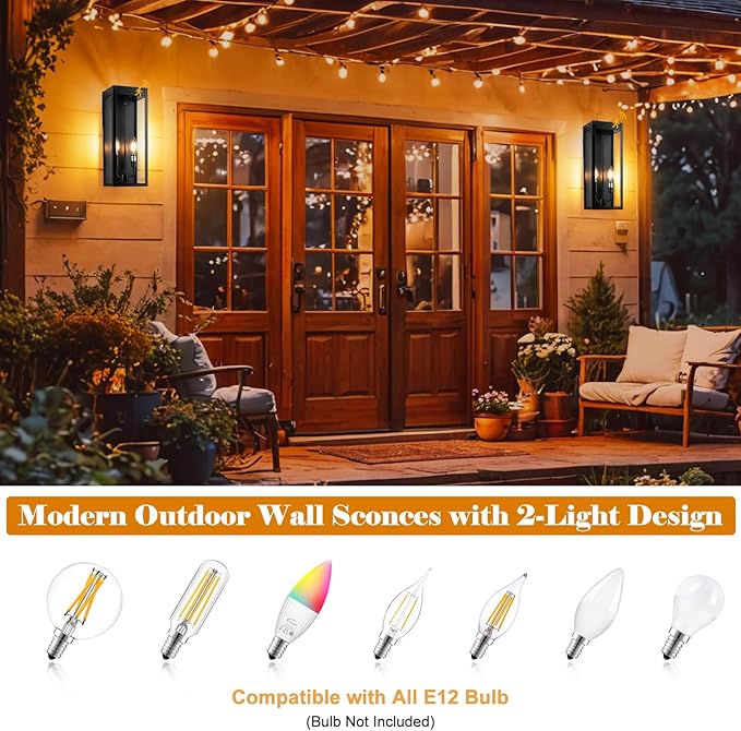 Black Motion Sensor Outdoor Lights 2-Light, 16” Modern Dusk to Dawn Sensor Lights for Outside 2 Pack, Exterior Wall Mount Porch Lanterns Waterproof Outside House Lamps for Garage Yard E12