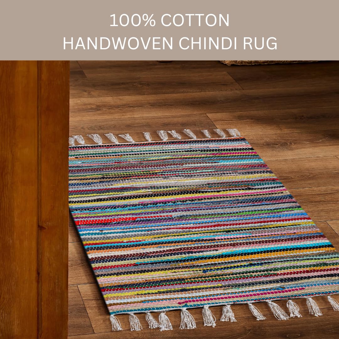 CottonCove Cotton Chindi Rug - Boho Rustic Area Accent Throw Rug - Area Floor Carpet for Bedroom Living Room Kitchen Dorm Entryway Hallway - 20x32 inch Hand Woven Reversible Area Rug Multi Color