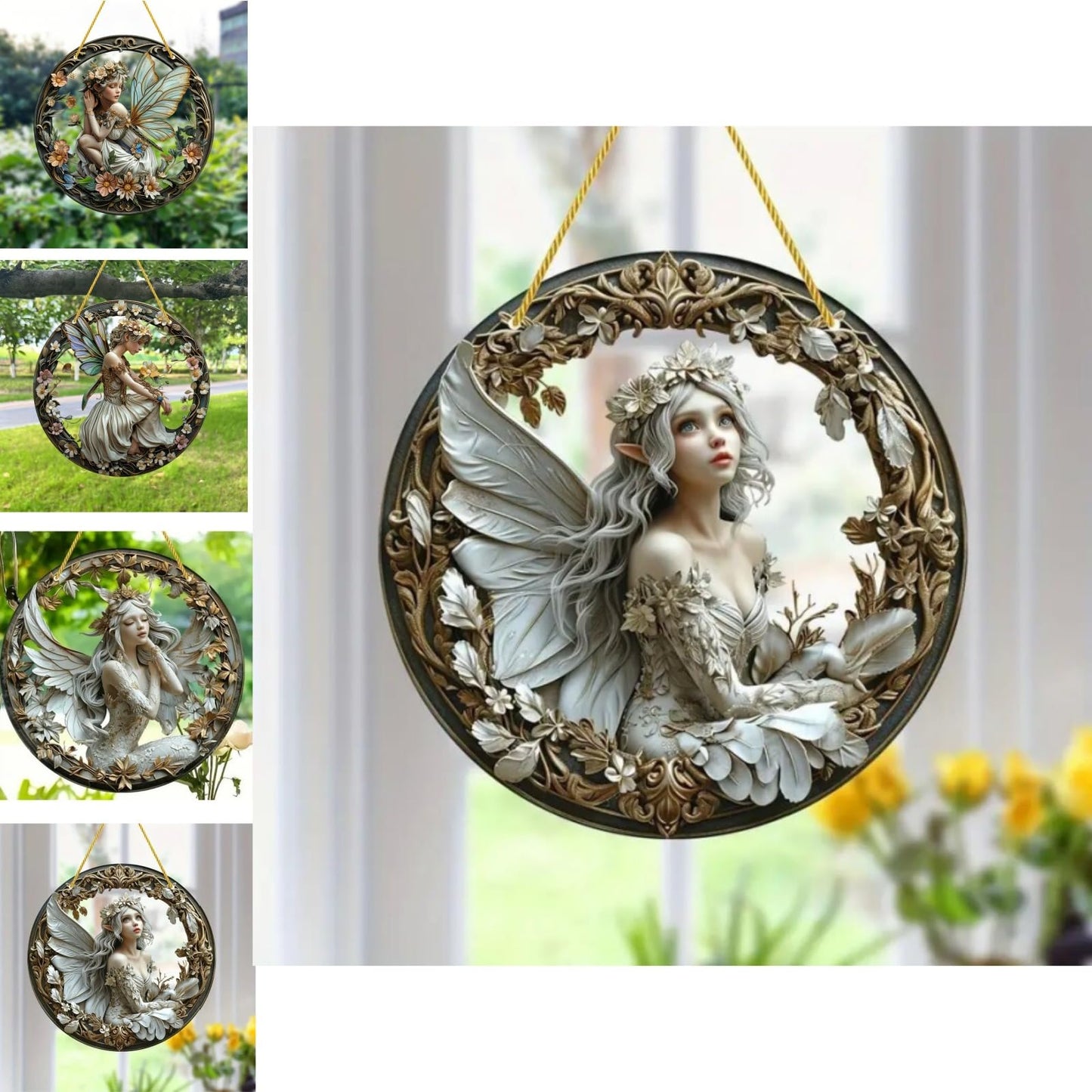 VTYFRY Flower Fairy Garden Decorations Angel Wing Christmas Halloween Deco Statue Art Elf Sculpture Hanging Craft for Outdoor Yard Courtyard Lawn Patio Window Acrylic Ornament Home Gift (D,S: 6*6 IN)