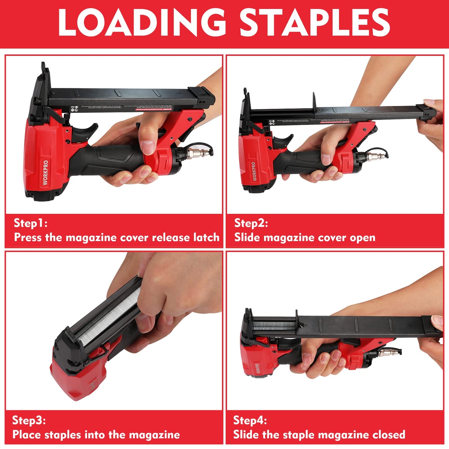 WORKPRO 7116 Pneumatic Staple Gun, 22 Gauge Upholstery Stapler with 1884pcs Staples 1/4" to 5/8", Air-Powered, Rear Exhaust, for Carpentry, Woodworking and DIY Projects