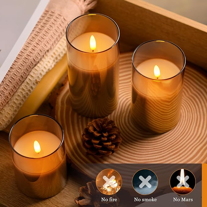 Tyawon Glass Battery Operated LED Flameless Candles with Remote and Timer, Real Wax Candles Warm Color Flickering Light for Festival Wedding Home Party Decor(Pack of 3)-Grey