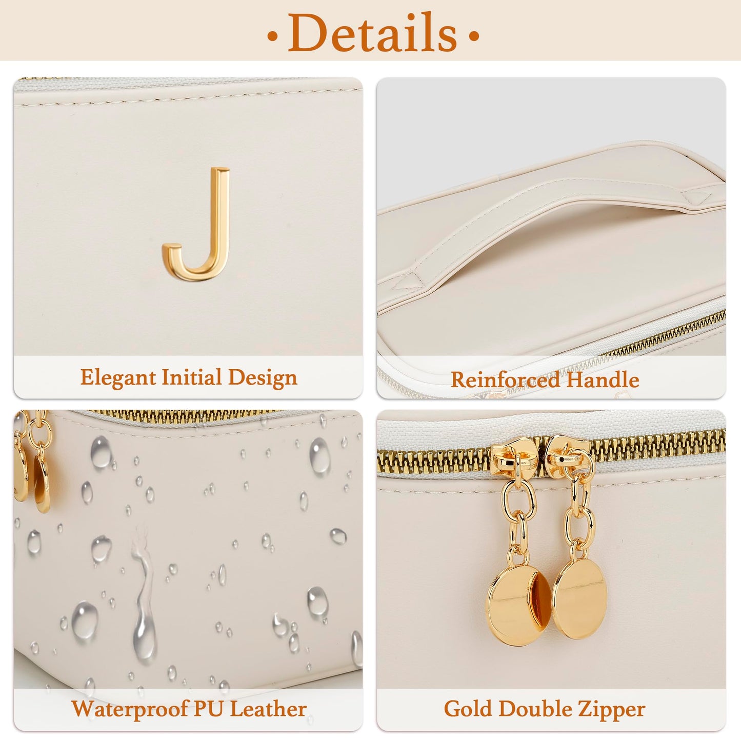 CLOUDWINGS Personalized Initial Makeup Bag Gifts for Women, Large Travel Cosmetic Organizer with Handle & Divider, PU Leather Toiletry Bag for Girls, Birthday Bridesmaid Gift Set - Beige - J