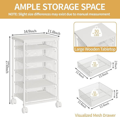 Sbanmao 5 Drawers Rolling Utility Cart, Storage Drawer Cart with Wooden Top, Rolling Storage Cart on Lockable Wheels, Metal Utility Cart & Craft Storage Cart for Bedroom, Classroom, Office, White