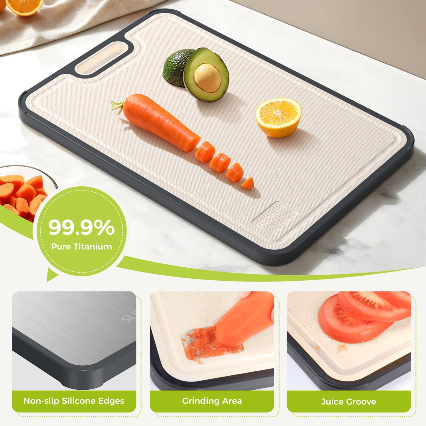 Titanium Cutting Board for Kitchen, Cutting Board Double Sided Food Grade, Pure Titanium and Wheat Straw PP, Easy to Clean Large Size 16”×11”