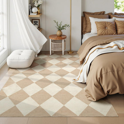 Beeiva Checkered Print 5x7 Washable Area Rugs for Bedroom, Non Slip Ultra Thin Beige Rugs for Living Room, Geometric Plaid Dorm Decor Soft Low Pile Carpet for Office Kids Room Classroom