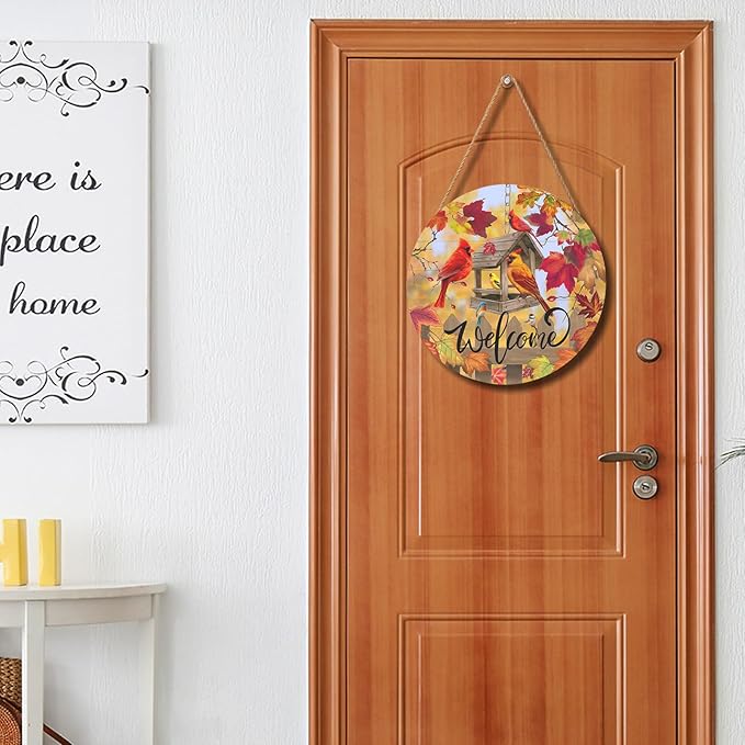 Harooni Fall Cardinal Sign for Front Door Decor, Autumn Maple Leaves Wood Door Hanger for Outdoor Outside Porch, Thanksgiving Farmhouse Wooden Wreath Indoor Wall Hanging Decoration 12"x12"