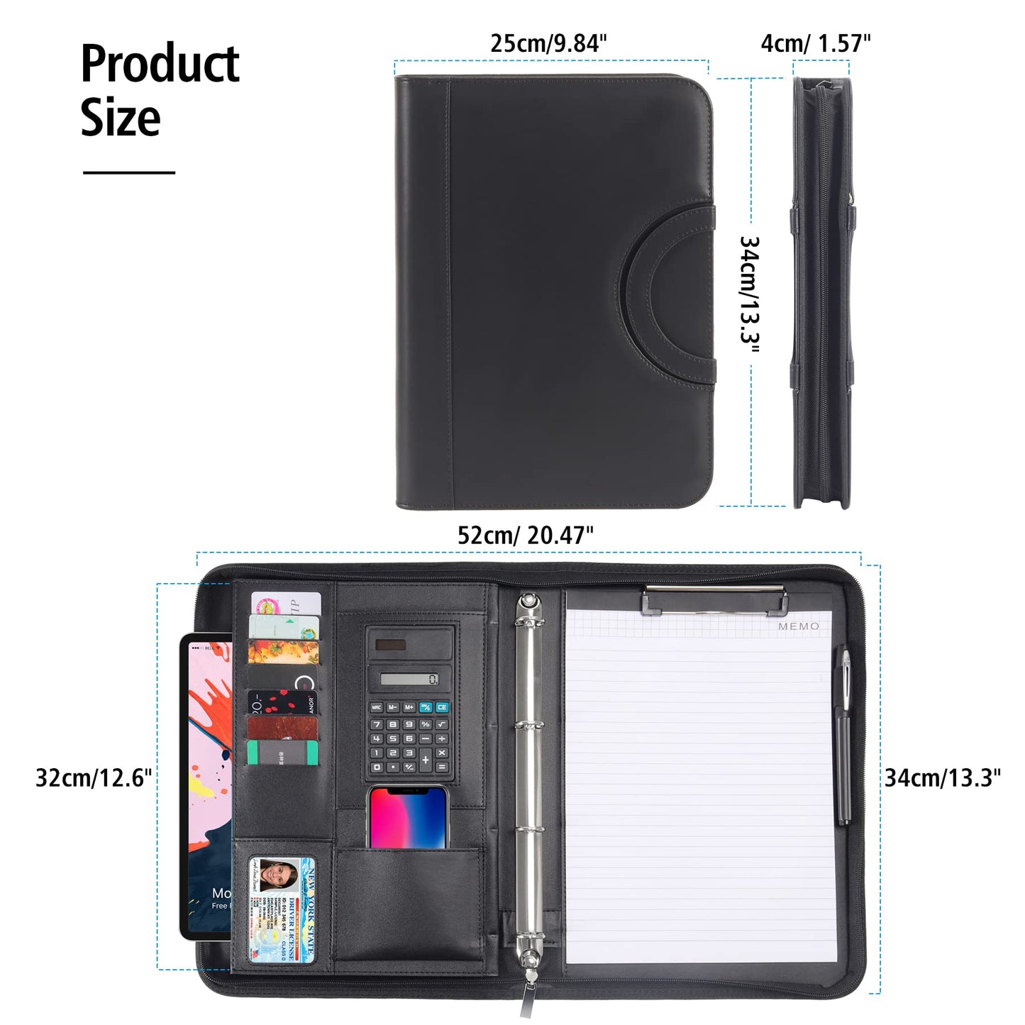 Agaritek Zipped Portfolio Binders for Men and Women - Leather Padfolio Business Planner Notebook Organizer with Zipper and Calculator- Holder for Tablet, Documents, Cards, Notebook, Notepad