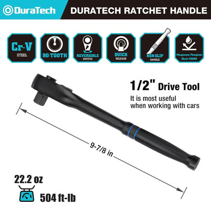 DURATECH 1/2-Inch Drive Ratchet, 90-Tooth Quick-Release Ratchet Wrench, Reversible, Cr-V Made, 4° Swing, Manganese Phosphate Black Finish, Gifts for Men Gifts for Women