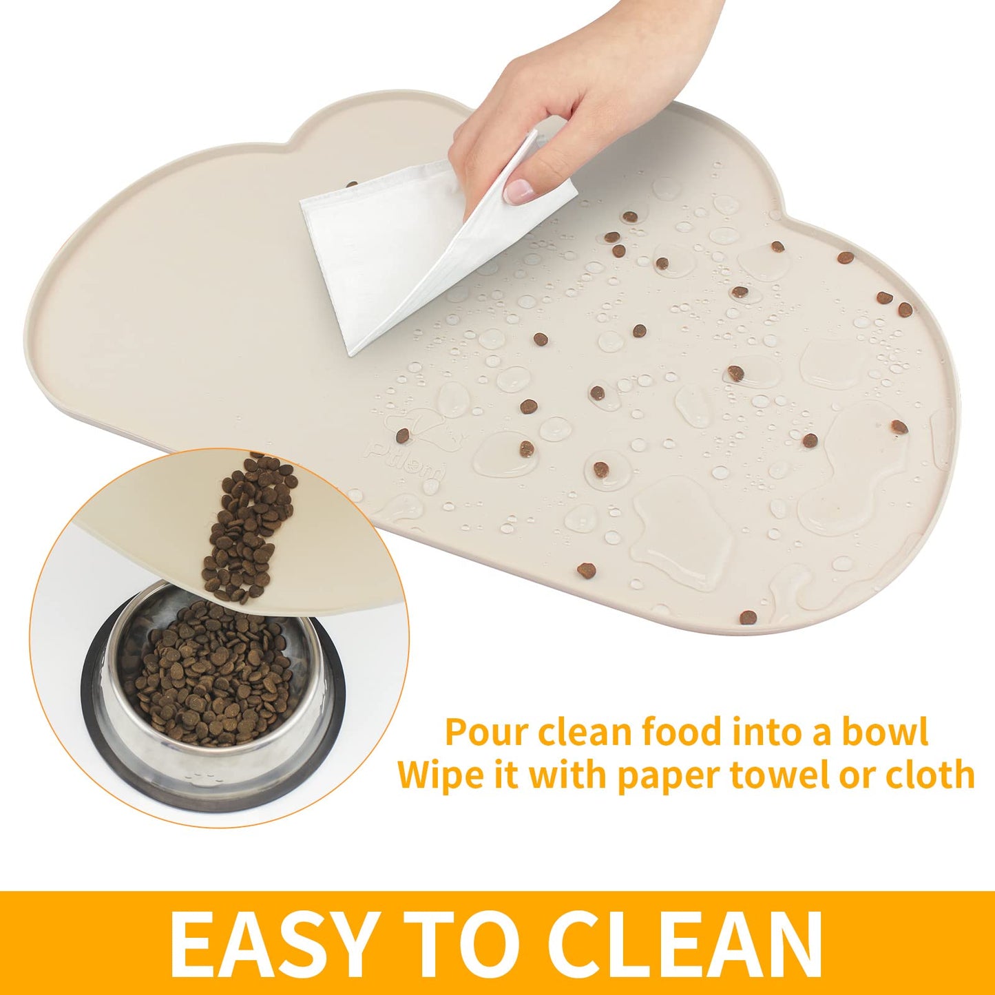 Ptlom Silicone Pet Feeding Mat for Dogs and Cats, High-Lips Pet Placemat Non-Slip Waterproof Bowl Mats Prevent Food and Water Overflow, Puppy Dish Tray Mat Suitable for Small Medium Large Pets, Beige