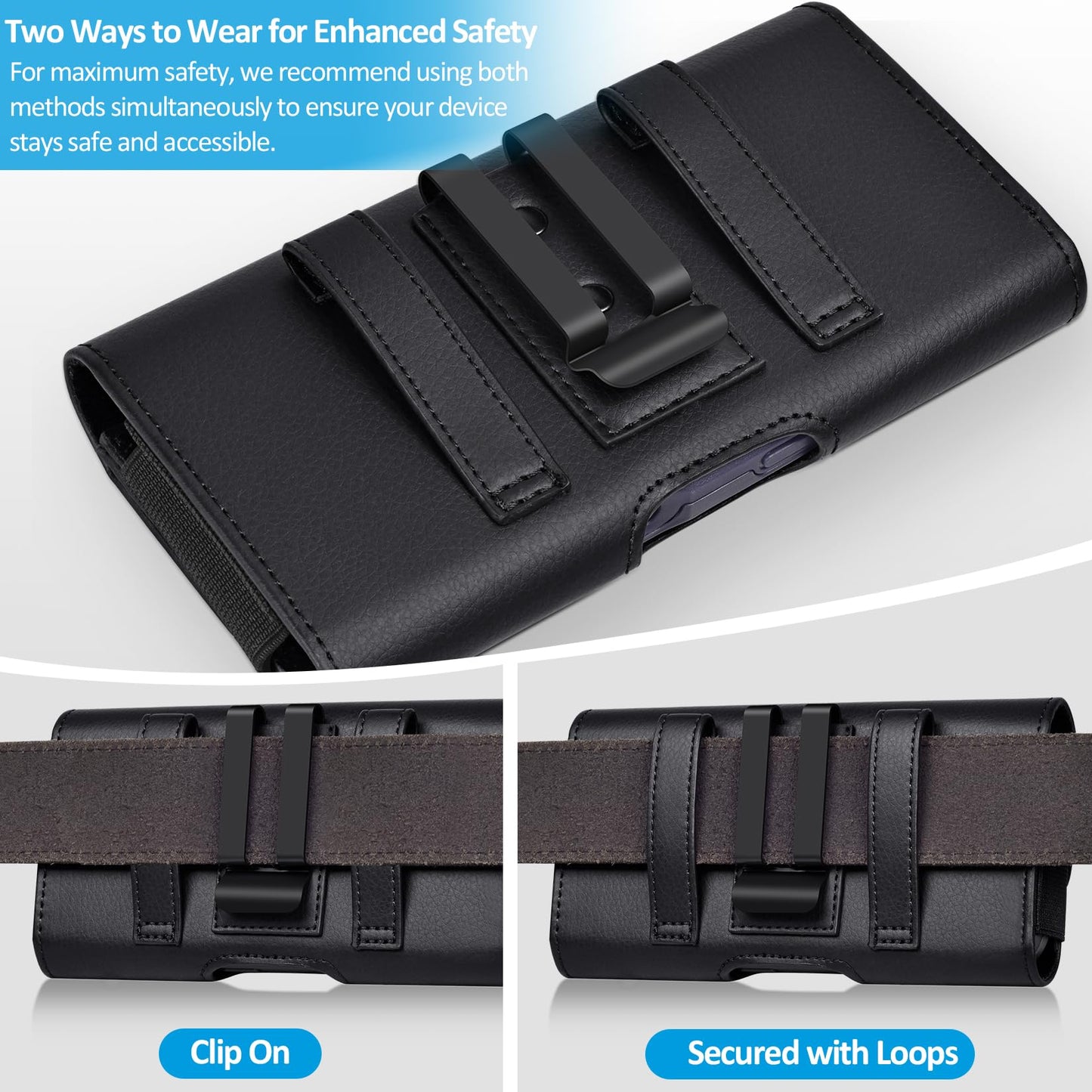 ACCKUO Leather Phone Holster with Strong Metal Belt Clip and Card Holder Compatible with iPhone 17 Pro Max, Samsung Galaxy S26/S25/S24/S23/S22/S21 Ultra A17 A16 for Everyday Protection, XL-Black