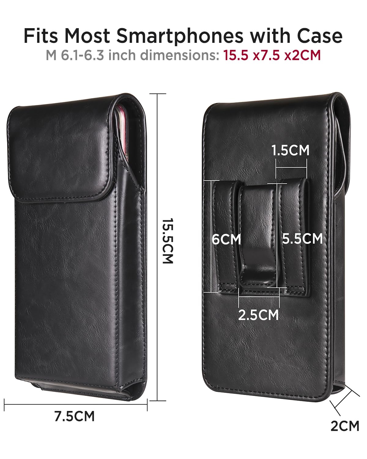 Miimall Cell Phone Holster for iPhone 17, 17 Pro 16, 16 Pro 15, 15 Pro 14, 14 Pro 13, 13 Pro 12, 12 Pro 11, 11Pro XR, Leather Cell Phone Belt Holder Pouch for Galaxy S26 S25 S24 S23 S22, Black-Medium