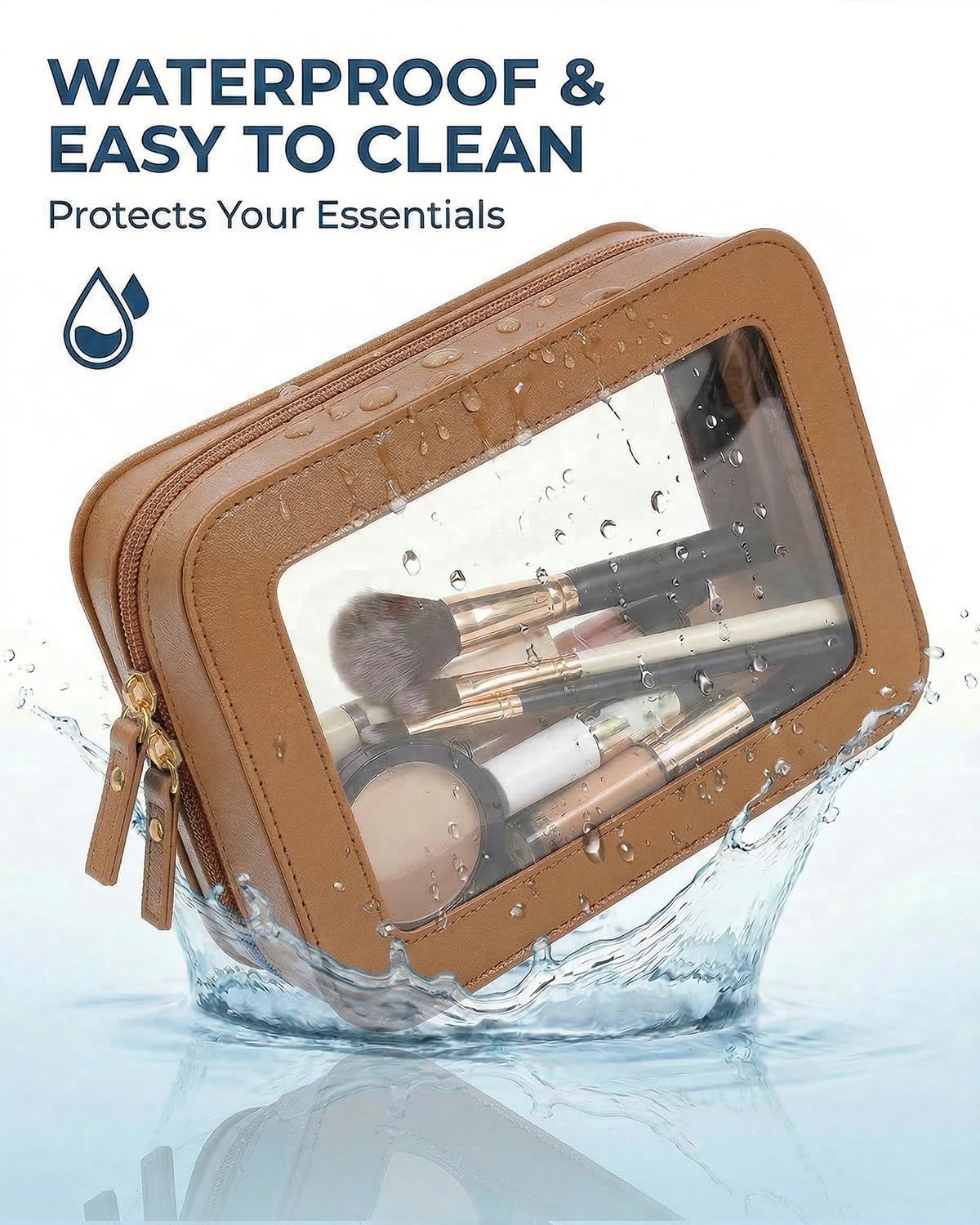 LETGO Clear Makeup Bag Organizer Set, Travel Toiletry Bag Cosmetic Case for Women, Portable Make up Skincare Pouch Car Organizer Bag with Zippers for Essentials (2Pack-Standard & Square, Brown)