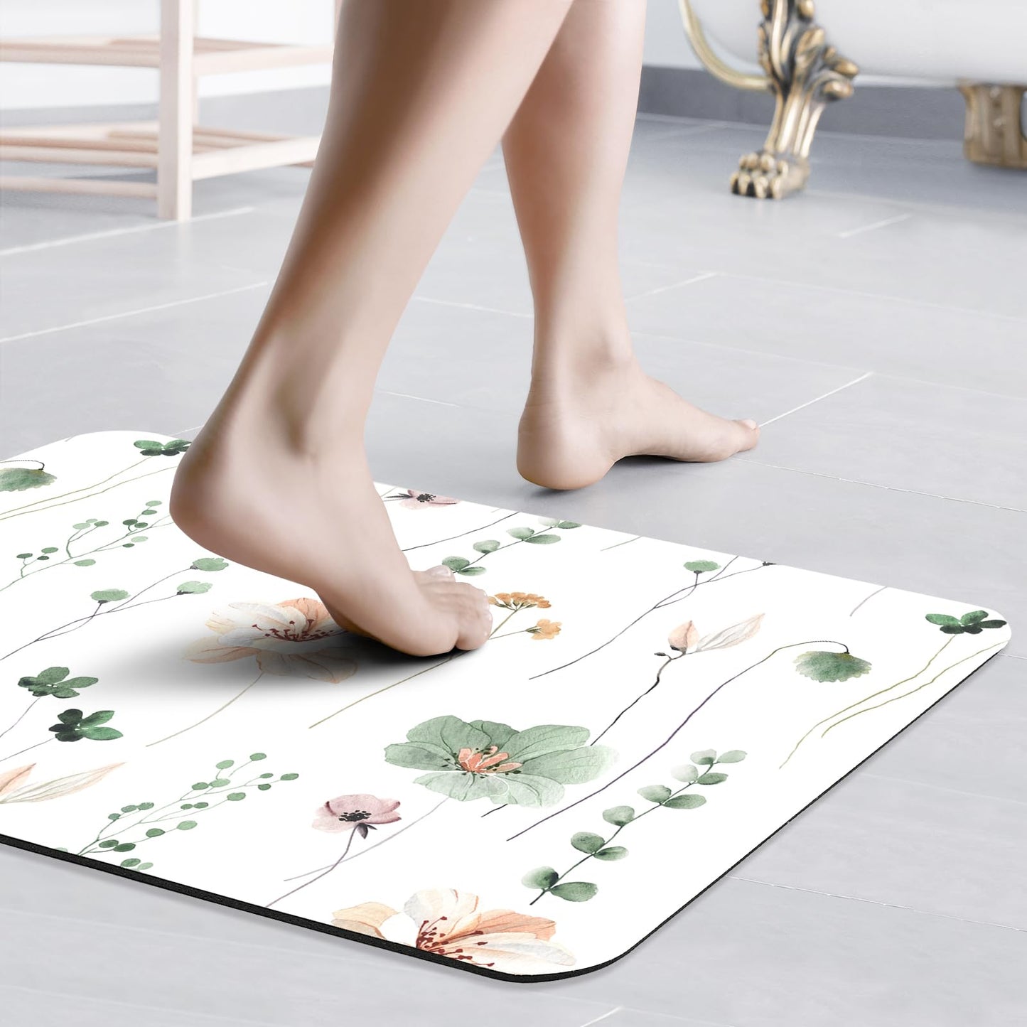 Gibelle Floral Bath Mat Rug (17"x24", Sage Green) 3 in 1 Shower Curtain Set, Sage Green Watercolor Floral Bath Curtain and PEVA Liner Set with 12 Double Sided Steel Hooks,72x72