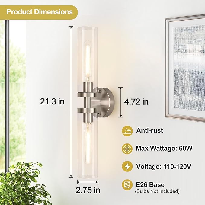 Wall Sconces Set of Two, Hardwired Brushed Nickel Bathroom Sconces Wall Lighting with Clear Glass, Modern Sconces Wall Decor Set of 2 Bathroom Light Fixtures for Mirror Hallway (Bulbs Not Included)