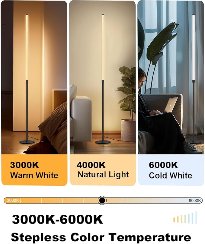 Minimalist Corner Floor Lamp - 3000K-6000K LED Linear Standing Lamp - Dimmable Modern Floor Lamp with Remote & Foot Switch for Living Room, Bedroom -12W (Black)