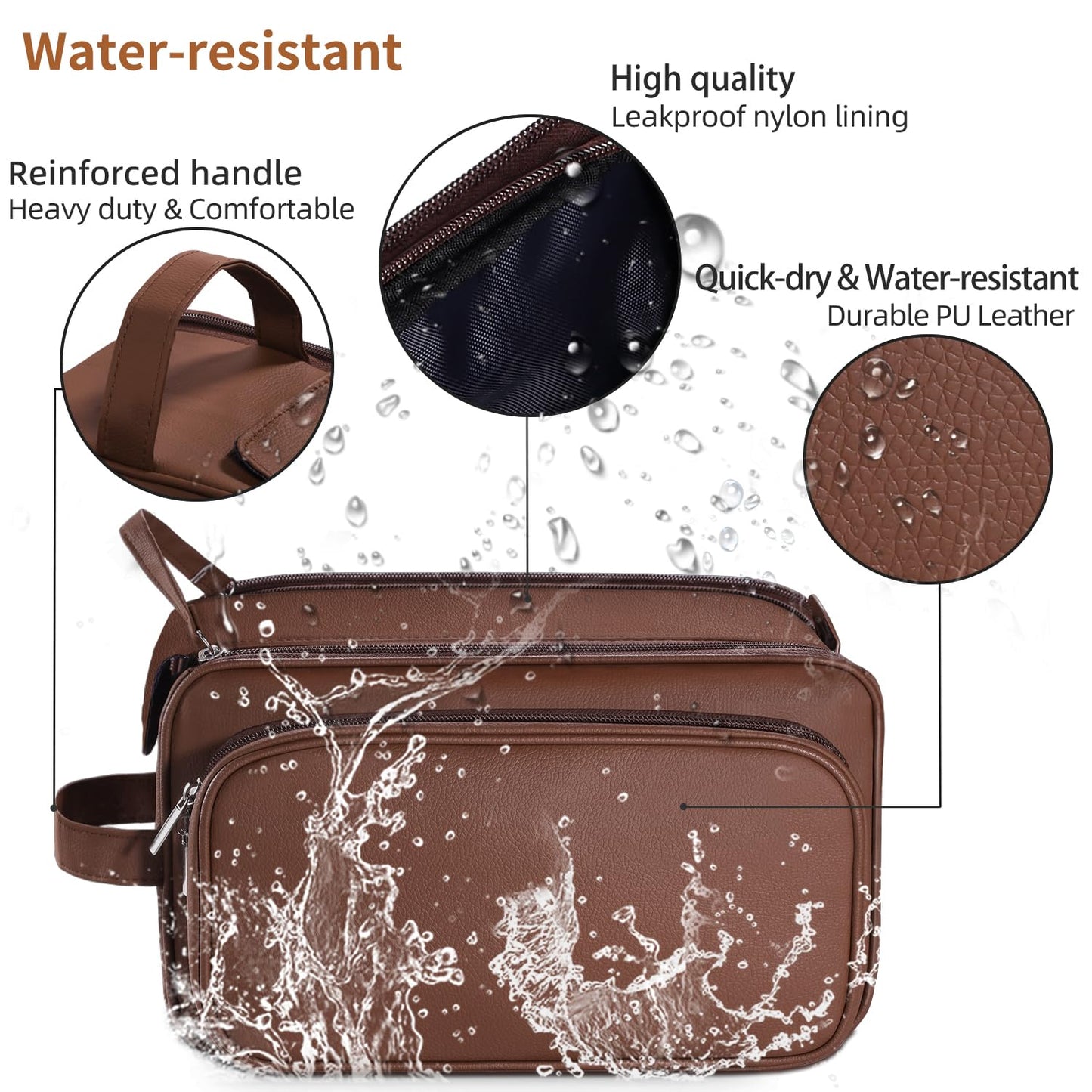 Buruis Extra Large Toiletry Bag for Men, Travel Toiletry Organizer Dopp Kit Water-resistant Shaving Bags, PU Leather Cosmetic Bathroom Shower Bag for Toiletries, Grooming, Accessories (Brown)