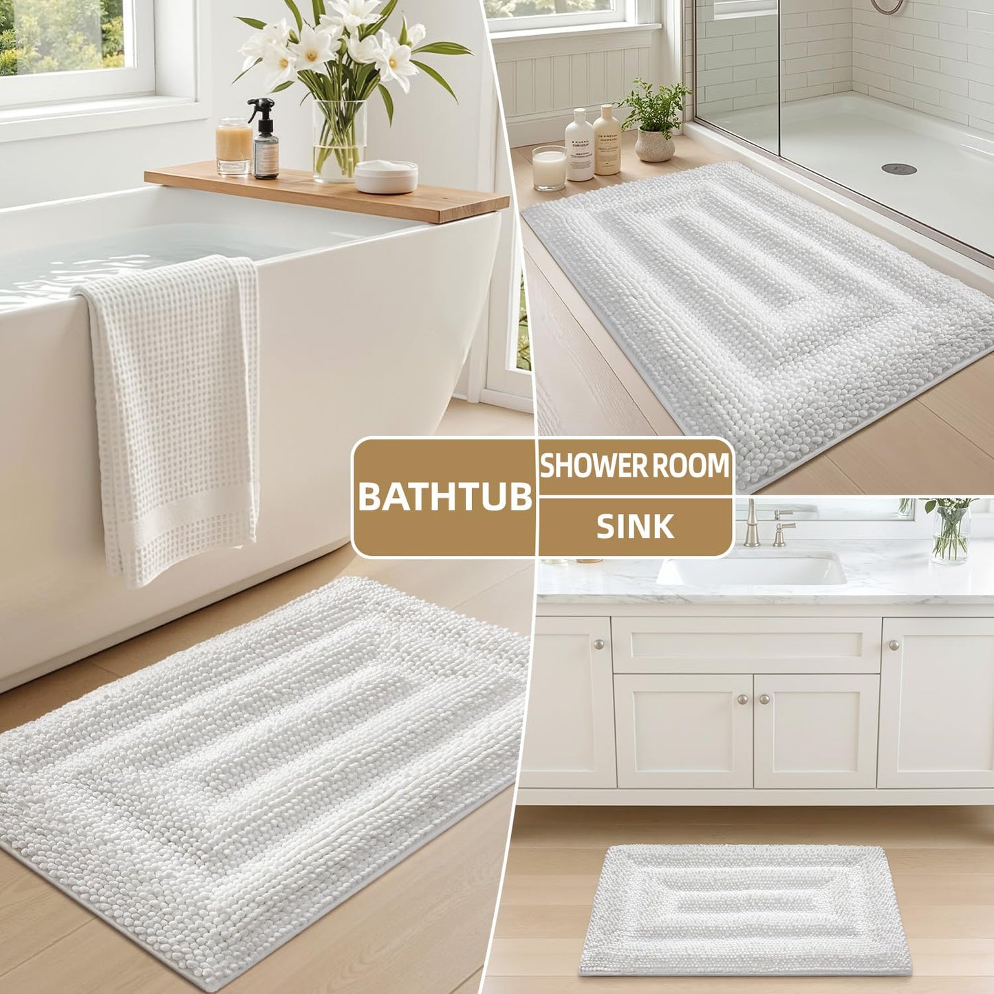 Color&Geometry 24x16 Ultra Soft Chenille White Bathroom Rugs, Non-Slip Bath Mat with Elastic Fabric Backing, Super Absorbent and Washable Shower Mats for Inside Shower,Tub,Bathroom, White